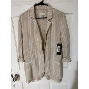 Stoosh Womens Linen Blend Striped Open Front Blazer Tan White Small JKJR3590